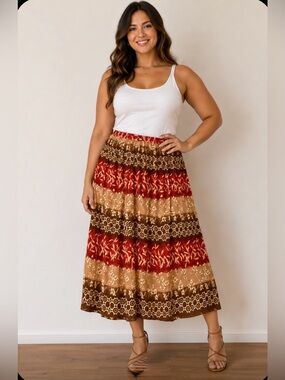 Liz Baker Red and Brown Patterned Maxi Skirt